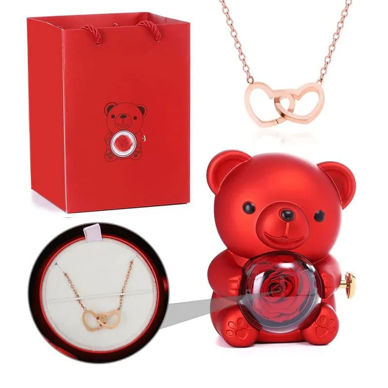 Ourson rose éternelle avec collier personnalisé