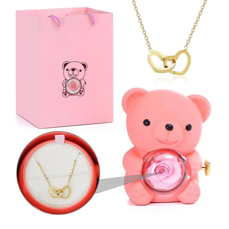 Ourson rose éternelle avec collier personnalisé