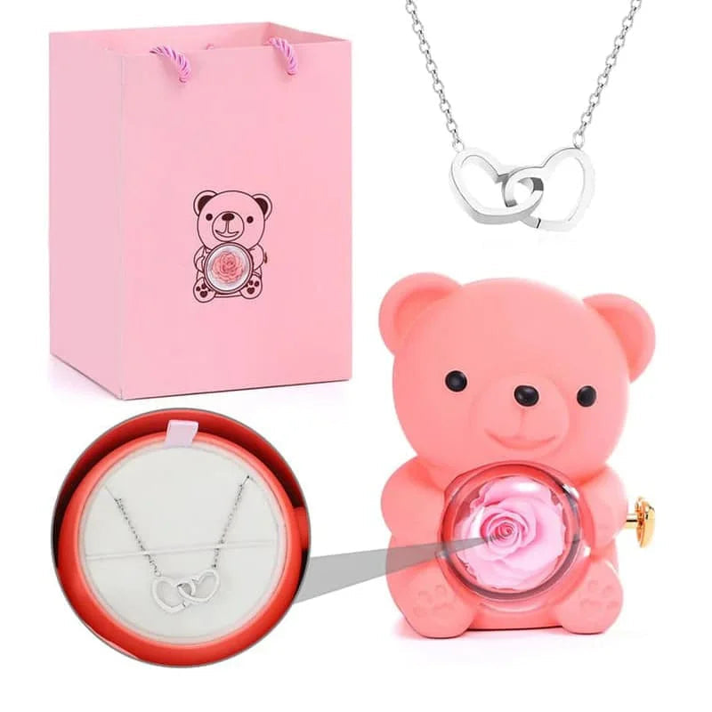 Ourson rose éternelle avec collier personnalisé