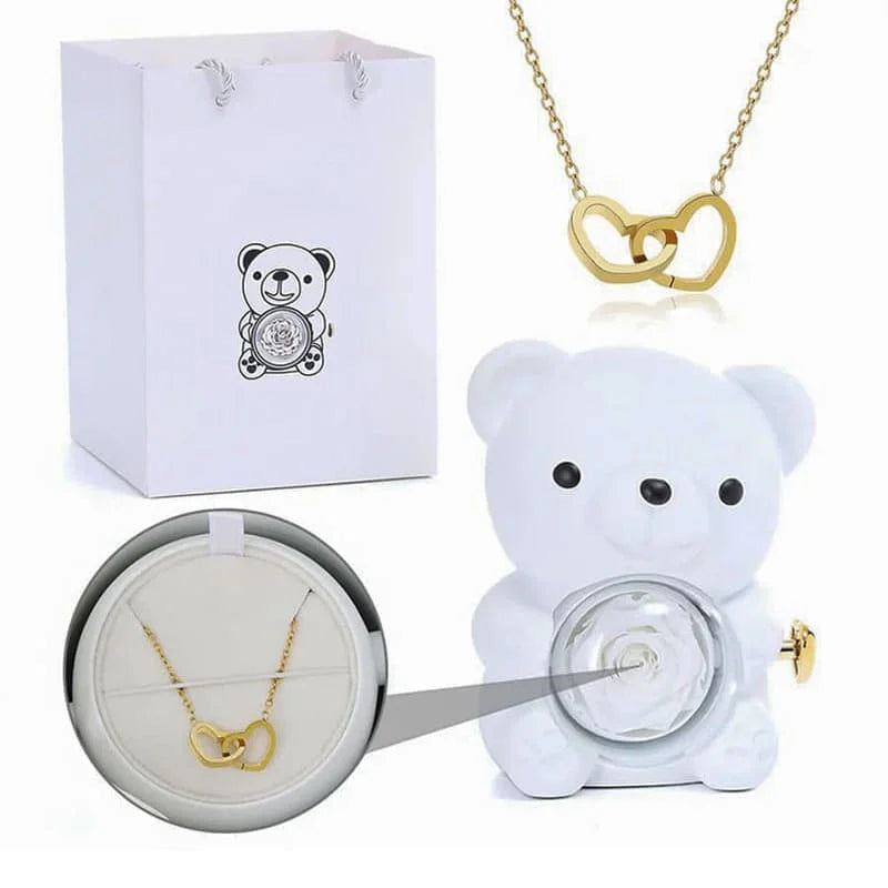 Ourson rose éternelle avec collier personnalisé