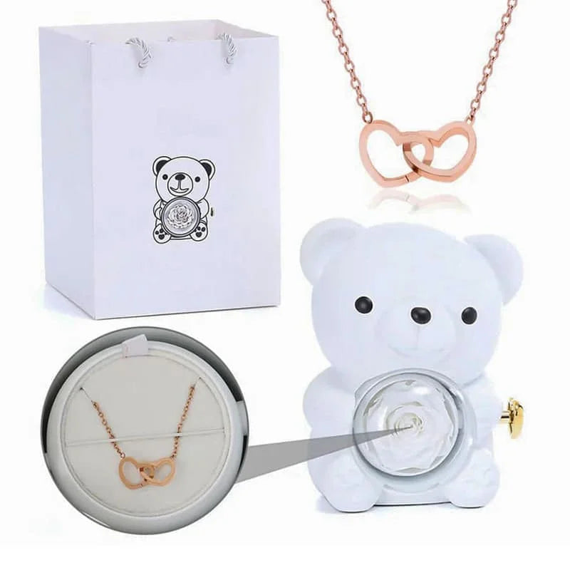 Ourson rose éternelle avec collier personnalisé