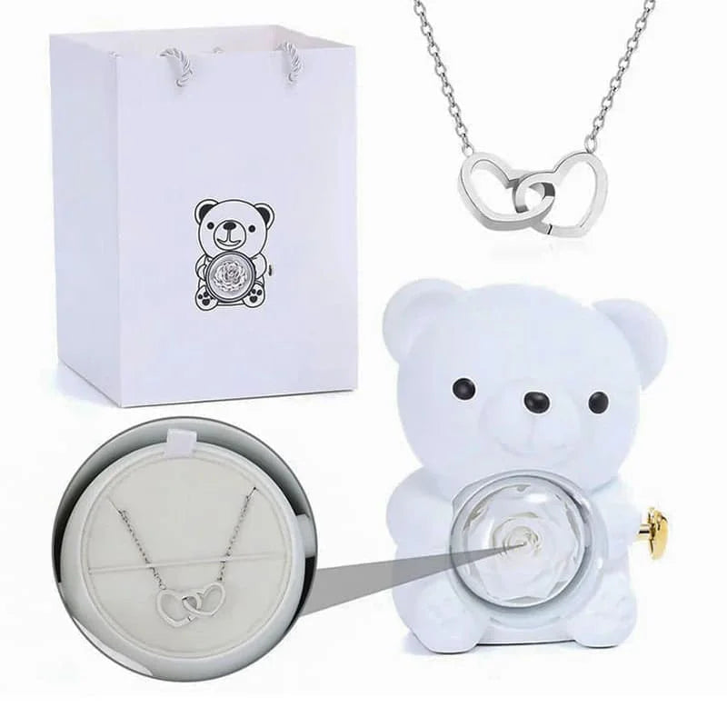 Ourson rose éternelle avec collier personnalisé