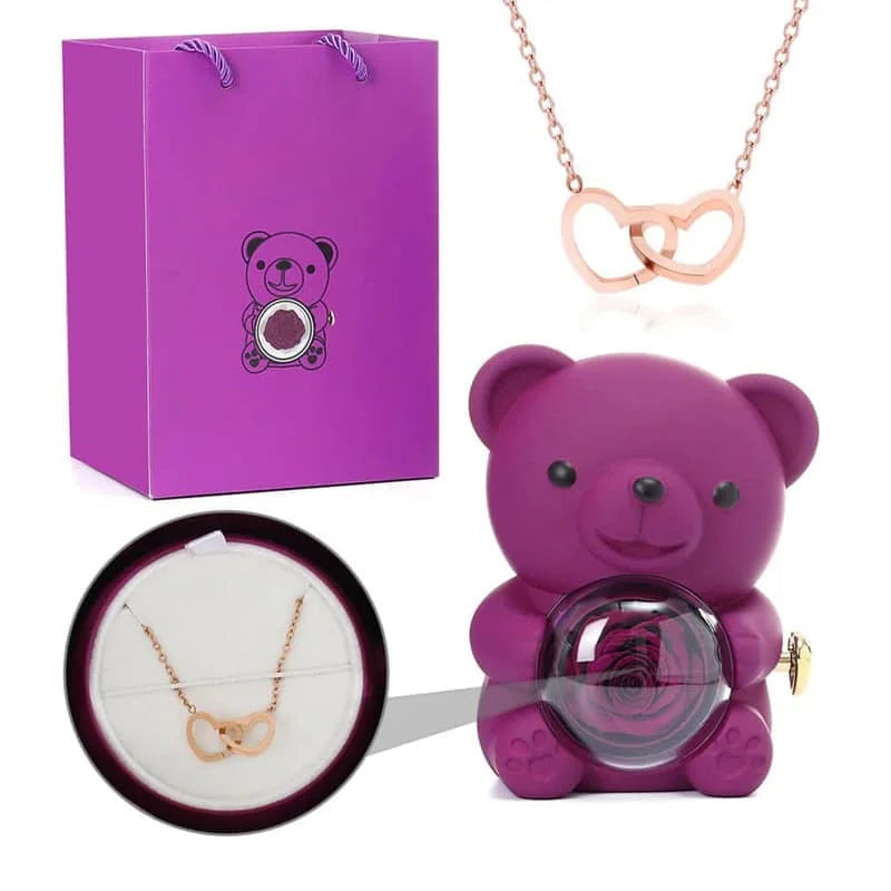 Ourson rose éternelle avec collier personnalisé
