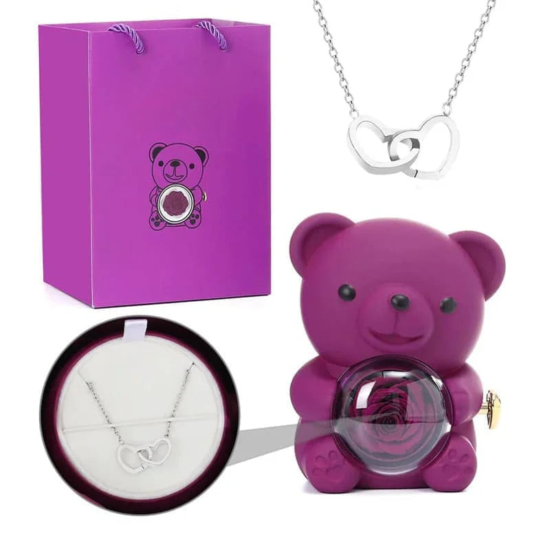 Ourson rose éternelle avec collier personnalisé