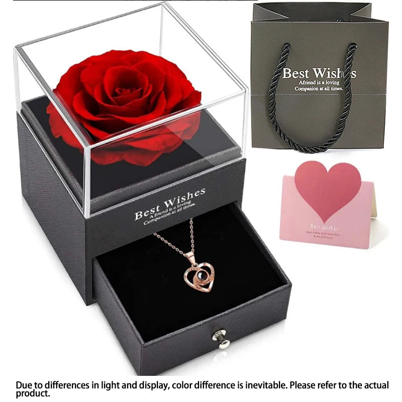 Coffret rose éternelle avec tiroir et collier avec pendentif en forme de coeur