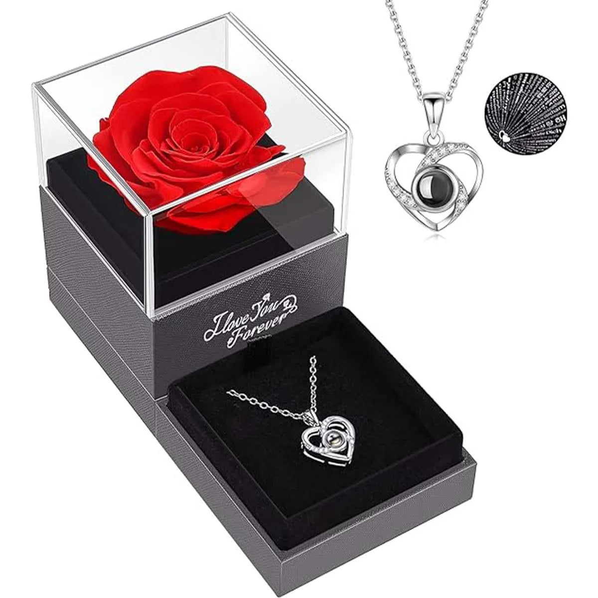 Coffret rose éternelle avec tiroir et collier avec pendentif en forme de coeur