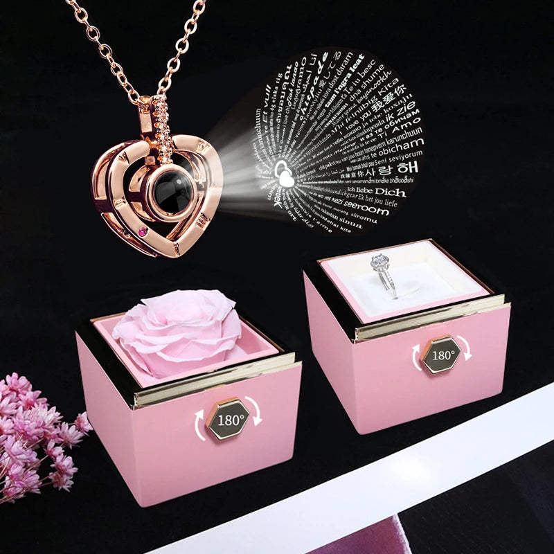 Coffret avec rose éternelle contenant un collier à projection de photos