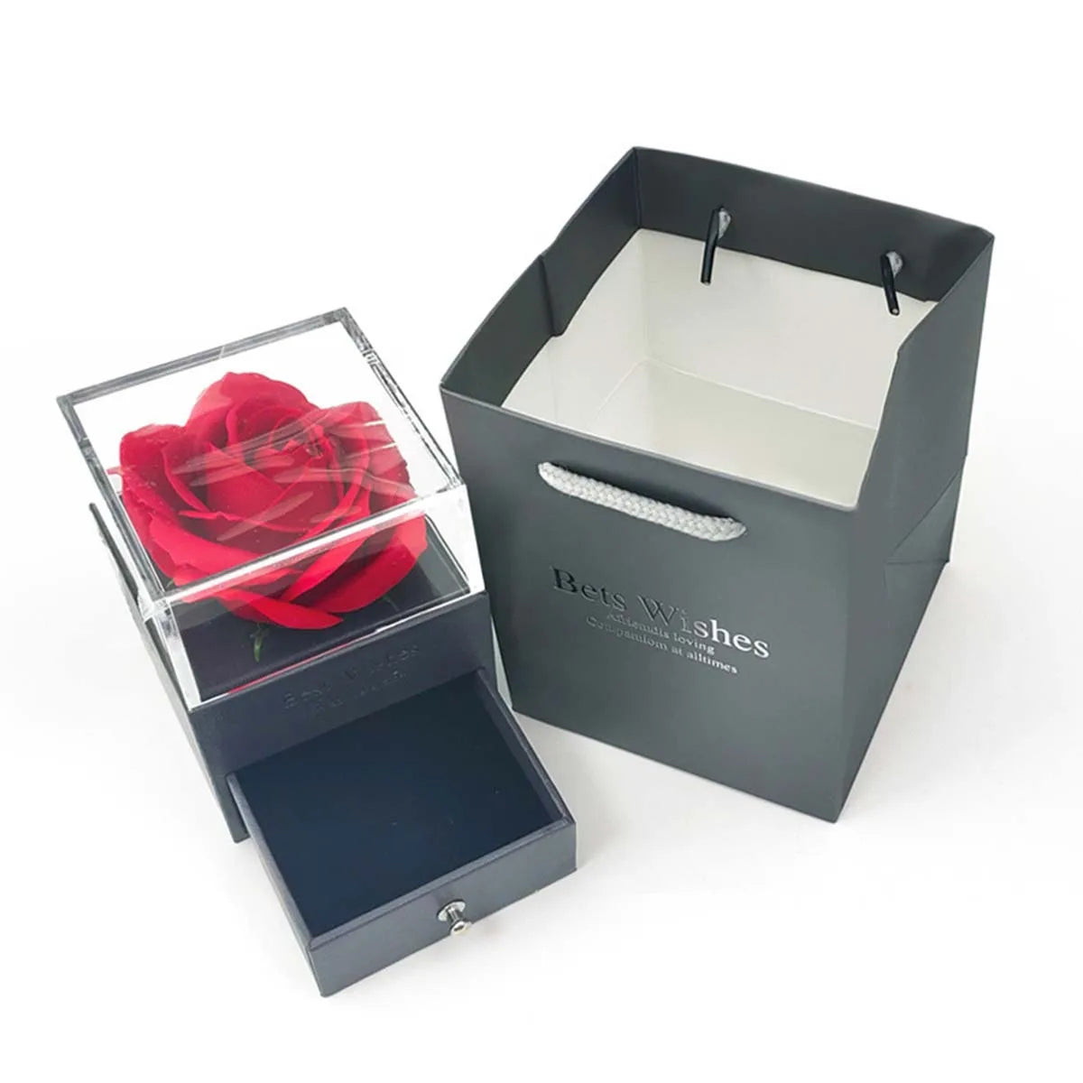 Coffret rose éternelle avec tiroir et collier avec pendentif en forme de coeur